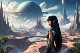 exotic slim sci-fi girl, with long dark hair with bangs, on an alien planet with cloud trees, tall spires, buildings, bridges, arches, photorealistic