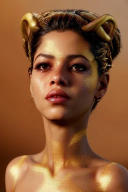 Shakira artist, Realistic image, natural waist up portrait, natural busty , perfect eyes, glow, circle iris, eye liner. spray line make up, glow. lips, gold. big rings piercing, led ornament. coat, vibrant color, highly detailed, art stations, concept art, smooth, unreal engine 5, god lights, ray tracing, RTX, lumen lighting, ultra detail, volumetric lighting, 3d, finely drawn, high definition, 4k.