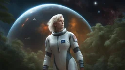A full-body photorealistic image of an adventurous older woman from the future, dressed in a tailored, full-body spacesuit, stands proudly beside her huge cargo spaceship, no wings, standing on a metal box. Her untidy, blond hair has bangs, standing in a jungle clearing. The scene is framed by a cosmic expanse of stars and nebulas.