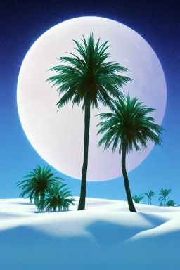 1980's aesthetic vaporwave palm trees with lighting with moon in the winter snow