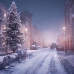 foto realistic winter city with a christmas tree in the night