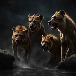 Hyper Realistic Angry-Hyenas & Attacking Angry-Lions on with river-water flow, big-stones at dark-night showing dramatic & cinematic ambiance