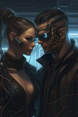 a handsome cyberpunk man wearing a mask connected by wires with a beautiful cyberpunk woman