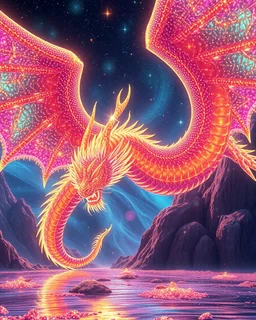 Lowbrow pop surrealism hallucinogenic holographic sparkle glitter reflections Dragon of majestic beauty and glory, cinematic action scene ultra high definition, ultra high quality