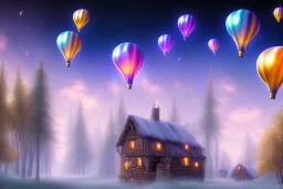 a village in the woods with galaxy sky and 4 balloons