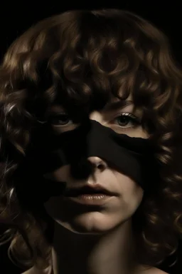 volto deforme di donna bendata con capelli ricci e frangia