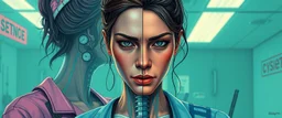 cyberpunk fallout 4, airbrush and pen outline, A cinematic, high-end advertisement image for a fictional service called “Splice Girls Nurses, Rebuilding Bone Structure on Transparent People™”. Split-screen composition with two contrasting emotional states.
