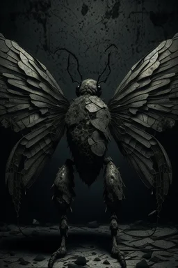 a haunting image of a humanoid insect facing away from us, in despair, with wings that are broken torn and crumbling