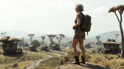 A photorealistic image of a slender 60-year-old woman, in brown shorts, a shirt and boots, with a backpack, standing on a hill looking down on a derelict sci-fi village with low alien buildings with trees and fungi in clumps.