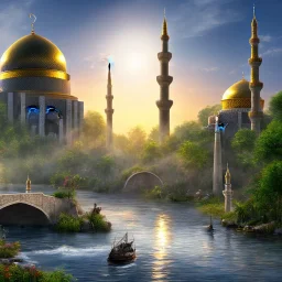 landscape, river, sun, mosque, no gold color.