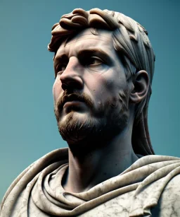 Gran angular, Realistic image, roman sculpture, marble material, Lionel Messi, Laurel wreath model, miguel angel style, emperador, God light, god rays, 4k resolution, ornate details, soft lighting, unreal engine 5, soft cyan background.