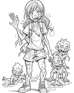 real little girl zombies, coloring image , full body (((((white background))))), only use an outline., real style, line art, white color, clean line art, white background, Sketch style