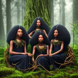 Octane render. Ultra realistic photo .a group of women.five young black women sitting around a fire. Black Sisters. Sitting and Standing together. the face of A young black woman. A wood nymph emerging from the forest. Her hair looks like vines. Dreadlocs. Her skin is the colour of dark soil. Her skin looks like tree bark. Her clothing is made of vines, grass and leaves.