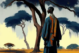 Design, African man, oil painting, featureless, graphic, background, sky, trees, traditional clothes