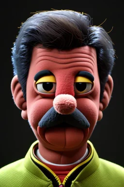 Waist up muppet Portrait, Nicolas maduro us muppet doll, black hair, Venezuelan president, red and yellow tracksuit, mustache, photo studio, black background, unreal engine 5, concept art, art station, ray tracing, lumen lighting, ultra detail, volumetric lighting, 3d.