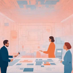 [art by Wes Anderson, in the context of Data Curation and Artificial Intelligence] women and men from the industry thinking together in front of a complex blueprint with flowcharts, they are considering use cases. They are surrounded by cables and data storages