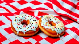 just Sugar-coated fluffy no holes Donuts lies on a red Checkered Cloth, high realistic, detalied, random background, perfect food Photo