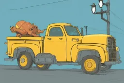 a study of cell shaded cartoon of a yellow truck on a country road, street lamps, road, illustration, wide shot, subtle colors, post grunge, concept art by josan gonzales and wlop, by james jean, victo ngai, david rubín, mike mignola, laurie greasley, highly detailed, sharp focus, alien, trending on artstation, hq, deviantart, art by artgem