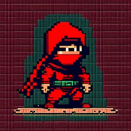 a pixel art-style, simple 64-bit Ninja with a red outfit, retro gaming shinobi graphic style