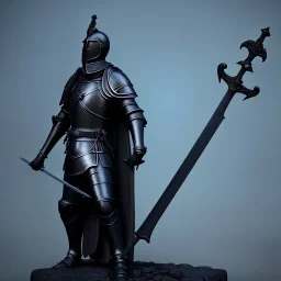 large black stone statue of a knight in a dark dungeon, holding a sword that's pointing up and glowing blue