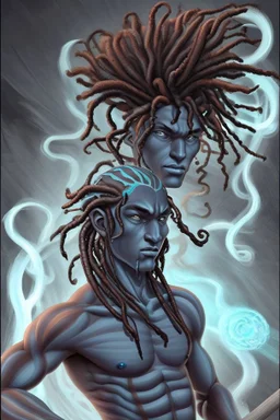 A young male water genasi with deep blue skin color, waterlike dreads on head. Shaolin monk with long stick weapon,