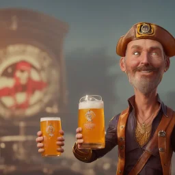 Ein Captain der Captain cidra heisst. Er hält ein Bier in der Hand. Er steht vor einem piratenschiff. Im Hintergrund sieht man Zitrusfrüchte