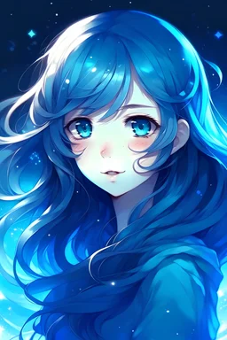 girl cuteblue wavy long hair with galaxy in there eyes, style anime