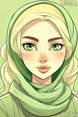 Simple drawing, Blonde, Green eyes, blonde eyebrows ، ،wearingg a hijab a ، write Bella signature Bella, cartoon style, color flat