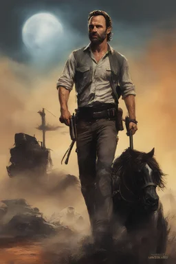 Andrew Lincoln as "Rick Grimes" movie poster (the walking dead) in the art style of Frank Frazetta