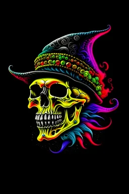 A pirate skull wearing a pirate hat of the day by art of napoleon std black, in the style of airbrush art xbox 360 graphics, bright fractal colors and intricate designs, energetic expressions smokey background, wiccan, eye-catching designs