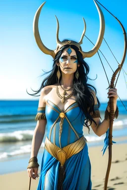 A picture of a blue Indian goddess with painted blue skin, wild black hair, deer antlers, elven ears, golden skirt, holding a bow on a sunny beach