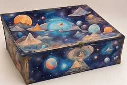a box for storing things with beautiful drawings a lot of colours, detailed, angels, minerals, planets space, galaxies, pyramids