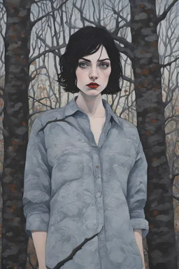 A fine art painting by Hope Gangloff of a very attractive and unusual beautiful young female vampire with pale skin and short messy tangled jet black hair, intense reflective eyes stare directly into our eyes, dark circles under eyesa faint smile on her lips, hyperrealistic chiracsuro shading technique, cast shadows of tree branches fall across her face