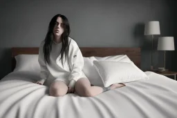 Billie Eilish, on the bed, in my underwear, pale skin, high detail, realistic, 8k, not to be distinguished from a photo