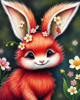 some beautiful red-and-white fluffy creature with big ears, from which beautiful flowers grow, smiles pleasantly, very cute and beautiful, the characters of Maurice Sendak, H. Giger, Catherine Welz-Stein, Josephine Wall, Jacek Yerka, Android Jones, high detail, elegant, whimsical, intricate, oil on canvas, beautiful, high resolution, clear quality, colorful, very cute, pencil sketch, beautiful. Focused, 3D