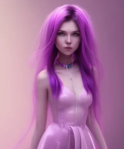 cute purple haired human girl with bright green eyes wearing purple/pink dress