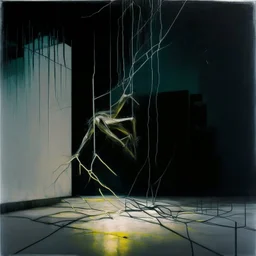 Minimal abstract oil painting of a falling person limbs sinew. Amongst concrete fragments brutalist architecture and hanging wires illuminated at night. In the style of Justin Mortimer and Francis bacon