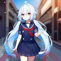 Clear focus, High resolution, long fluffy light blue hair, hair between eyes, long locks, wearing a sailor uniform, wearing a sailor skirt, long black socks, 1girl, cartoon, cute, UNFOTABLE studio, red tie, walking, outside setting