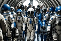 A group of humans with spacesuit walking out of a spaceship in front of a crowd