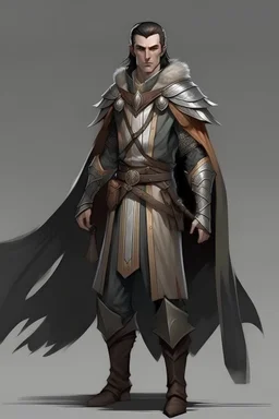 male high elf ranger wearing leather armor, a gray cloak and a mantle of brown feathers
