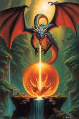 magic orb dripping with dragon fire. cloned wings. fantasy setting. painted by Jeff Easley