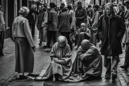 a crying woman sits with a sad face on the sidewalk on the street, people with blurred faces pass by a crying woman, a crowd of faceless gray pedestrians come and go, human backs, no one looks at the crying woman, dark colors and shades of gray, depressing, sad , a picture with a depressive mood, everything is gray, only the woman's dress is blue