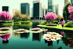 Modern city, people, pond, flowers