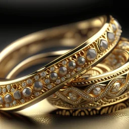 A close-up render of a set of elegant golden bracelets adorned with intricate engravings and sparkling gemstones