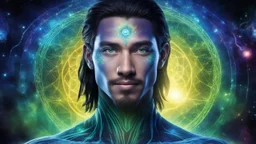 beautiful gorgeous young man na'vi with long hair, Avatar, blue skin, two small ears, green eyes, black hair, in cosmic suit, galactic ambiance, medium pointy goatee , smiling, nebulas and sacred geometry light figures on the backgroud,