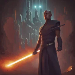 star wars bald male corellian jedi pilot wearing black and gunmetal grey old republic armored robes with gold trim, alone, battle-ready Jedi Master defending a ruined ancient city surrounded by golden light, centered head and shoulders portrait, hyperdetailed, dynamic lighting, hyperdetailed background, 8k resolution, volumetric lighting, light skin, fully symmetric details