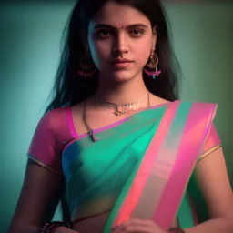 full photo of a girl in saree in dark room with neon light ,hyperrealistic,detailed,8k,cinematic