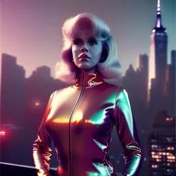 Ultra Realistic retro sci-fi portrait New York image from 1960, many explosions, sweet young Jane Fonda, tight latex suit, weapon, fighting stance, soft color, highly detailed, unreal engine 5, ray tracing, RTX, lumen lighting, ultra detail, volumetric lighting, 3d, finely drawn, high definition, high resolution.