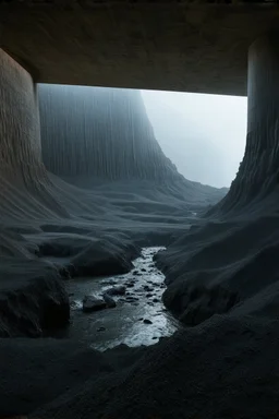 Photograph, NO PEOPLE, a mass of terrain, giant museum space, trees, pillars, high walls, high peak in a room, rag, powder, brook, sediments, deflagration of the background, geological formation, light, architecture, minimalist, details of the terrain very accentuated, 8k, deep 3d field, sharp, brutalist, hasselblad h6d400c --ar 85:128 --v 6.0, enhanced rocks, enhanced terrain, enhanced water