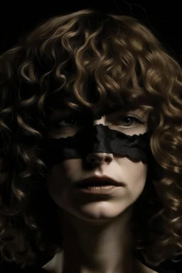 volto deforme di donna bendata con capelli ricci e frangia